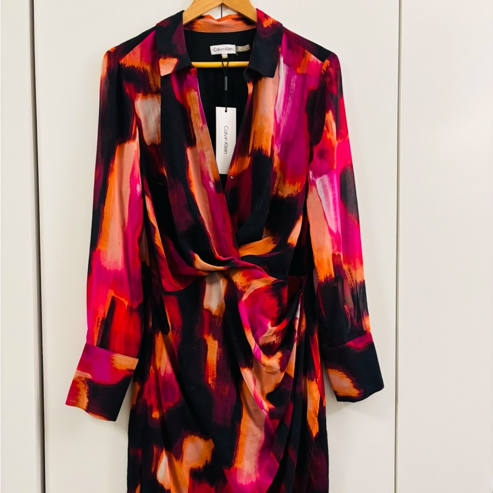 Calvin Klein Printed Long Sleeve Faux Wrap Dress